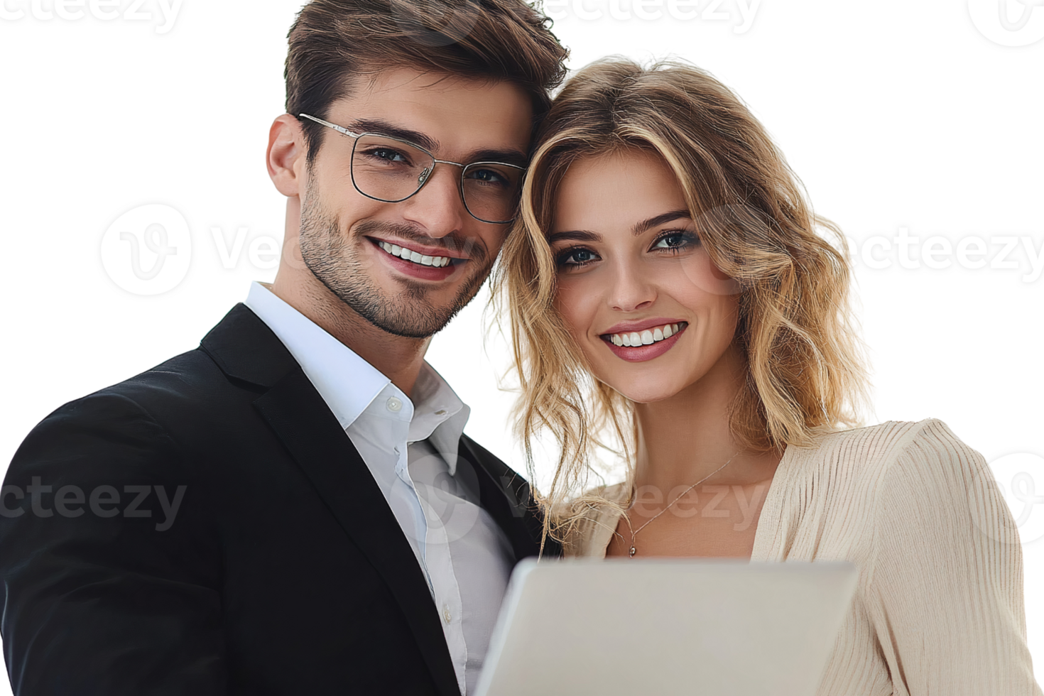 Smiling couple with laptop on transparent background png