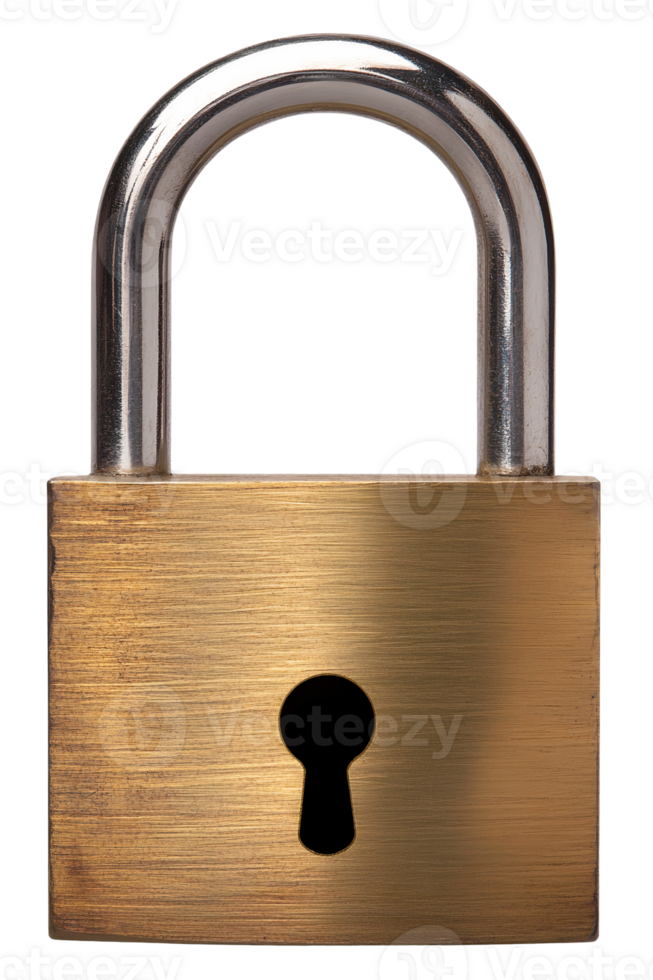Brass padlock with silver shackle on transparent background png