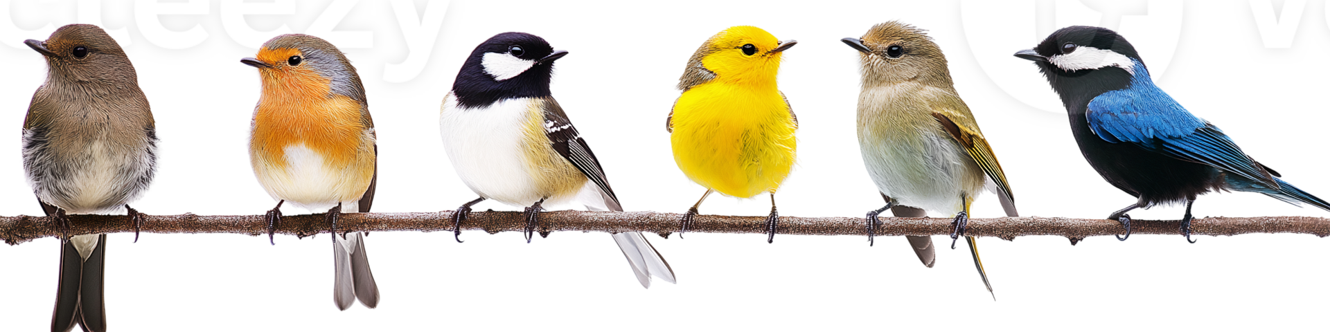 Six colorful birds on branch isolated on black png