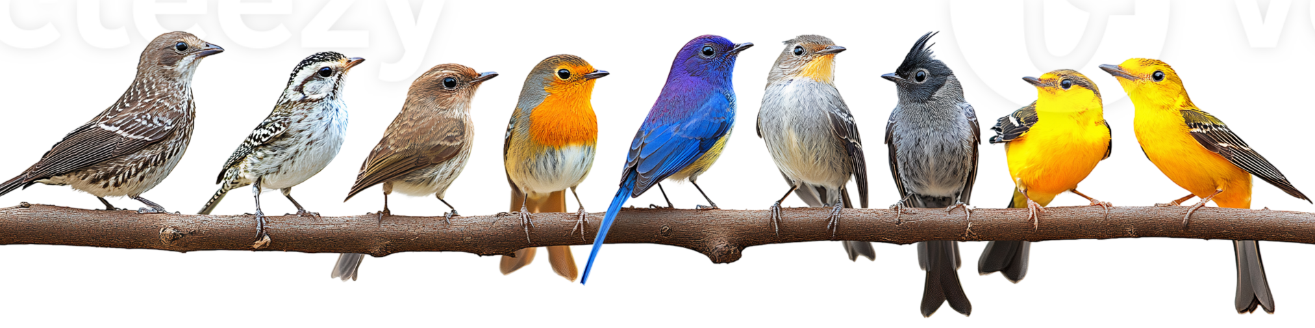 Colorful birds on branch on transparent background png