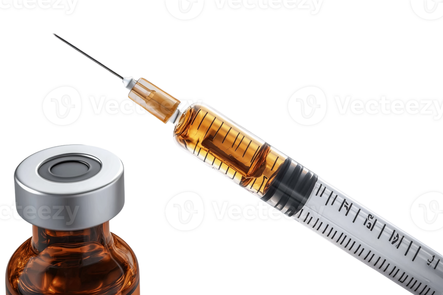 Syringe with amber liquid and vial on transparent background png