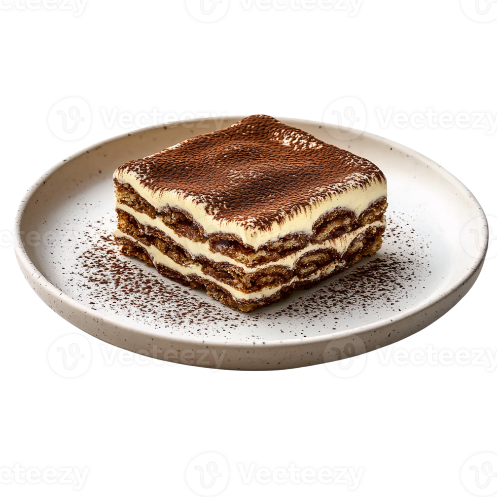 Tiramisu dessert square layers cocoa powder topping on plate png