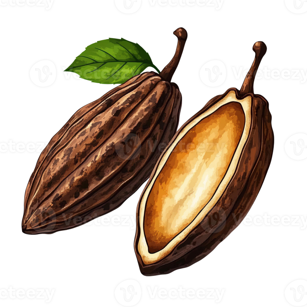 Cocoa pods with leaf digital painting on transparent background png