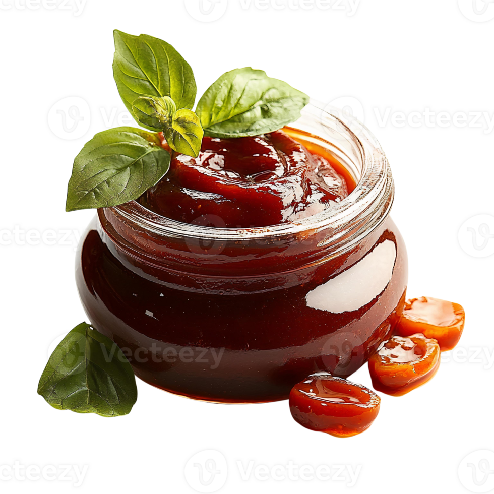 Bbq sauce in glass jar with basil garnish on transparent background png