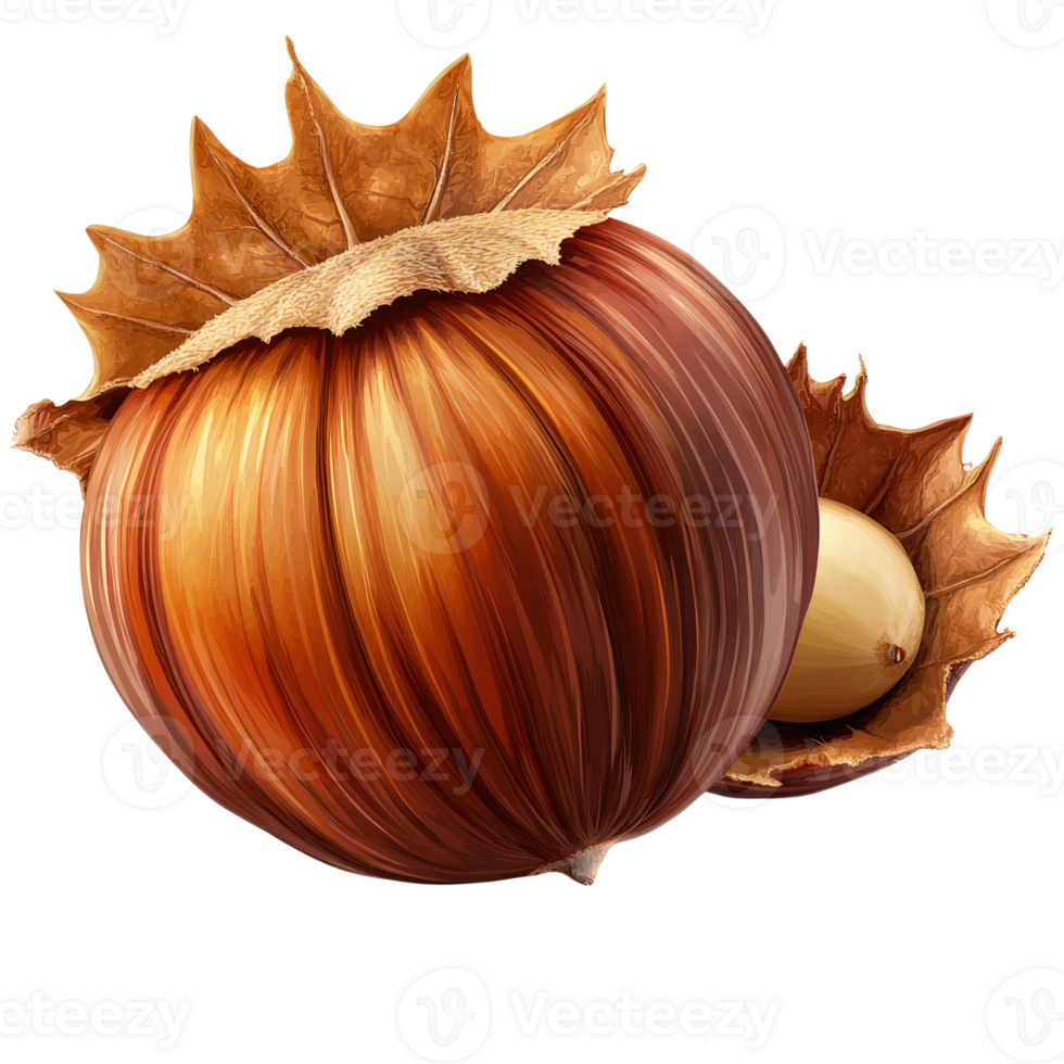 Hazelnut with shell digital painting on transparent background png