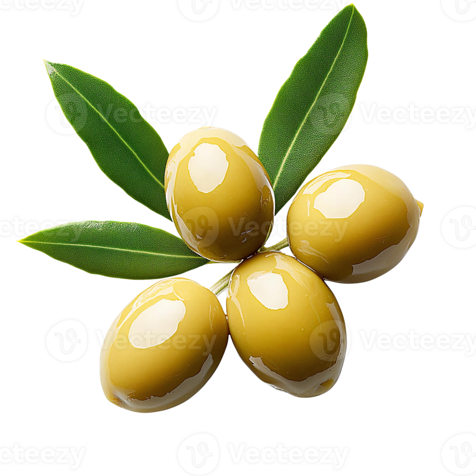 Green olives with leaves on transparent background png