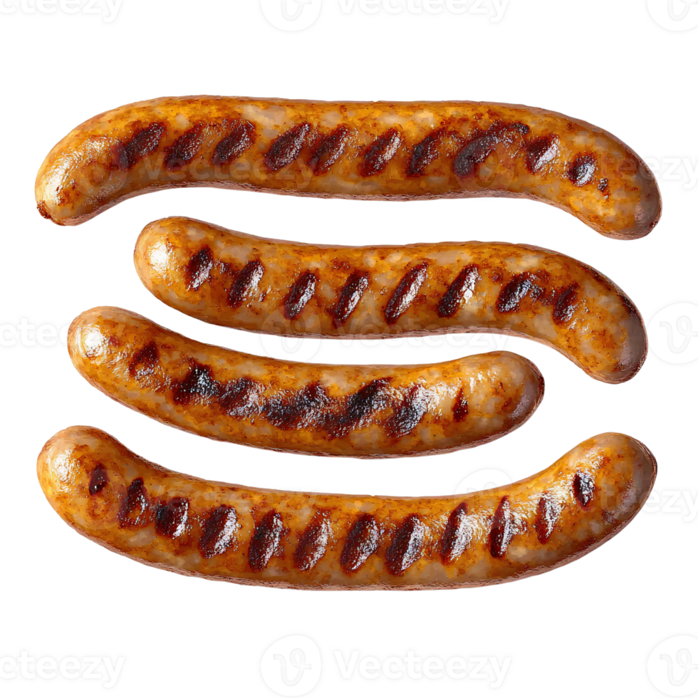 Grilled sausages on white background, overhead view, food photography png