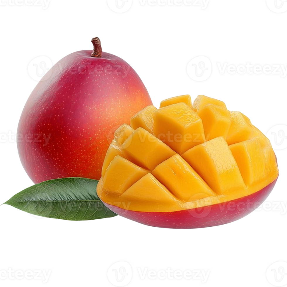 Ripe mango with cubed pieces on transparent background png