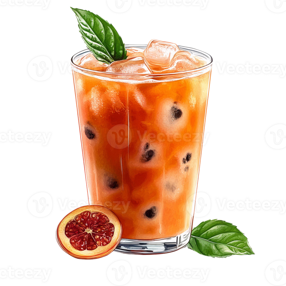 Icy orange juice with seeds and mint on transparent background png