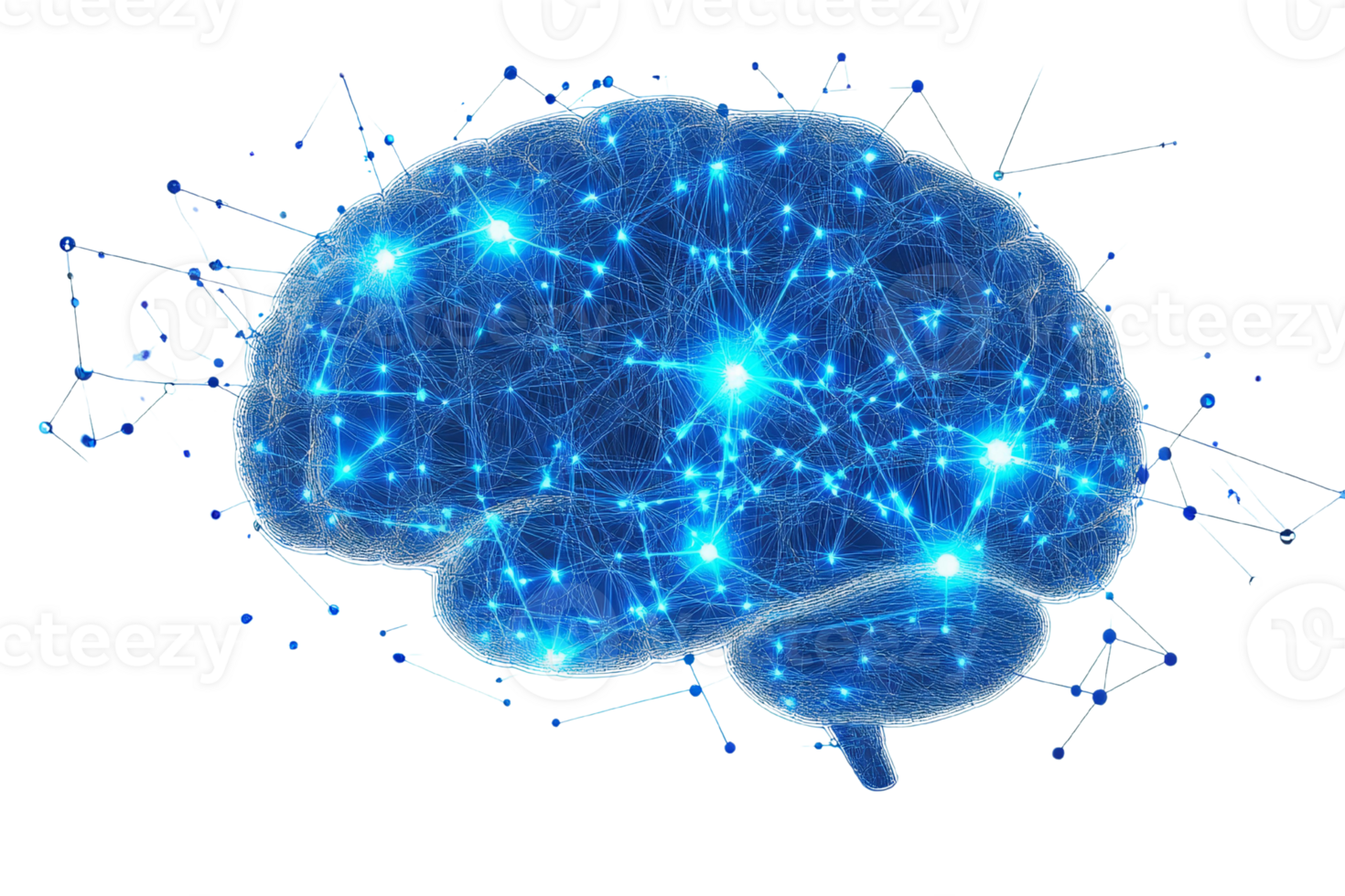 Neural network brain glowing blue lines on transparent background png