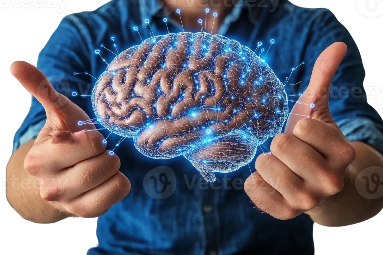 Glowing brain neural network hologram held by hands png