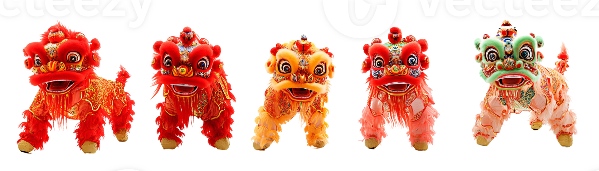 Red and gold lion dance costume on transparent background png