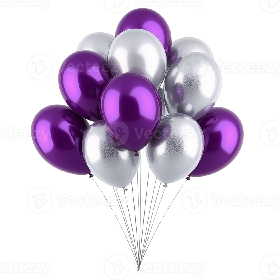 Purple and silver balloons bunch on transparent background png