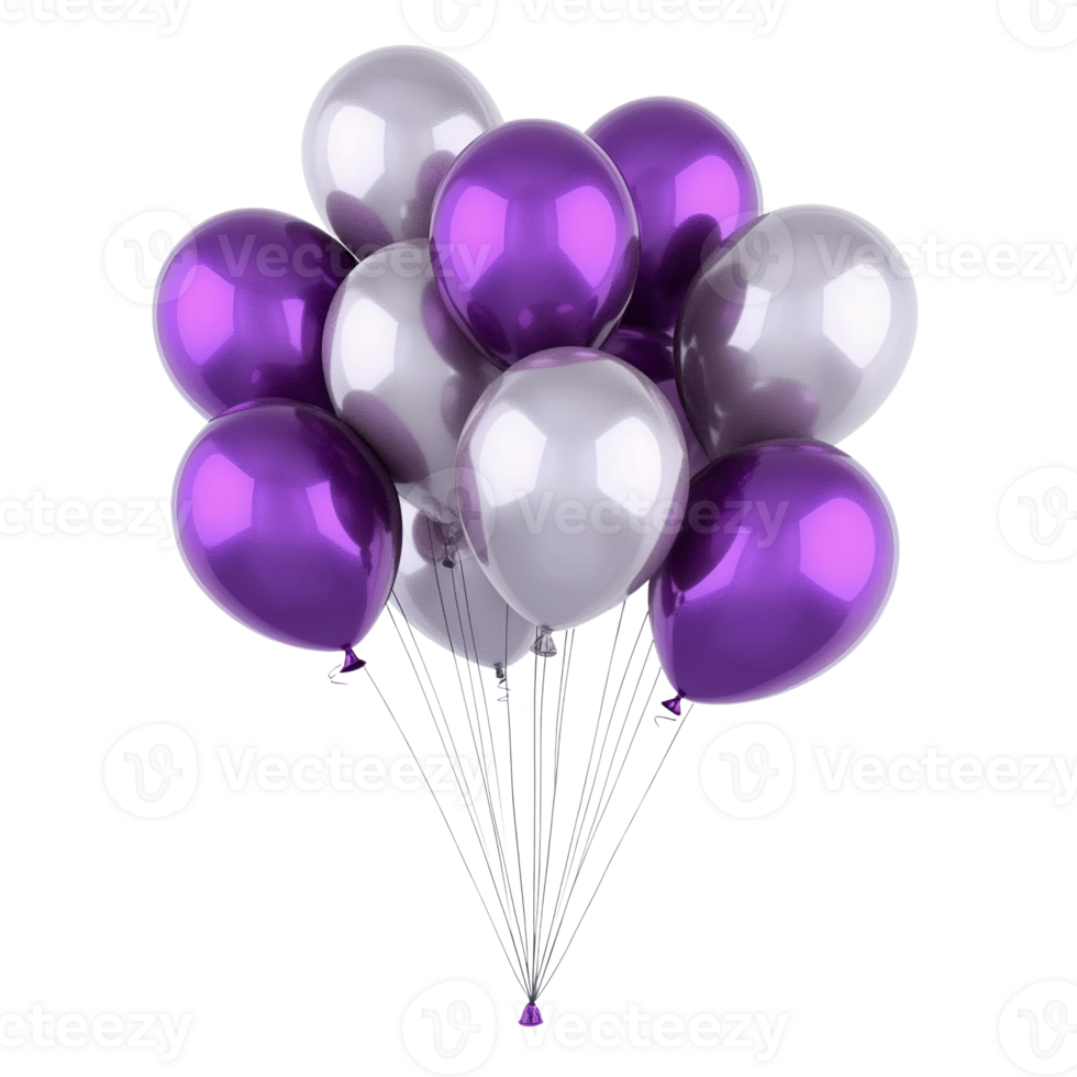 Purple and silver balloons bunch isolated on transparent background png