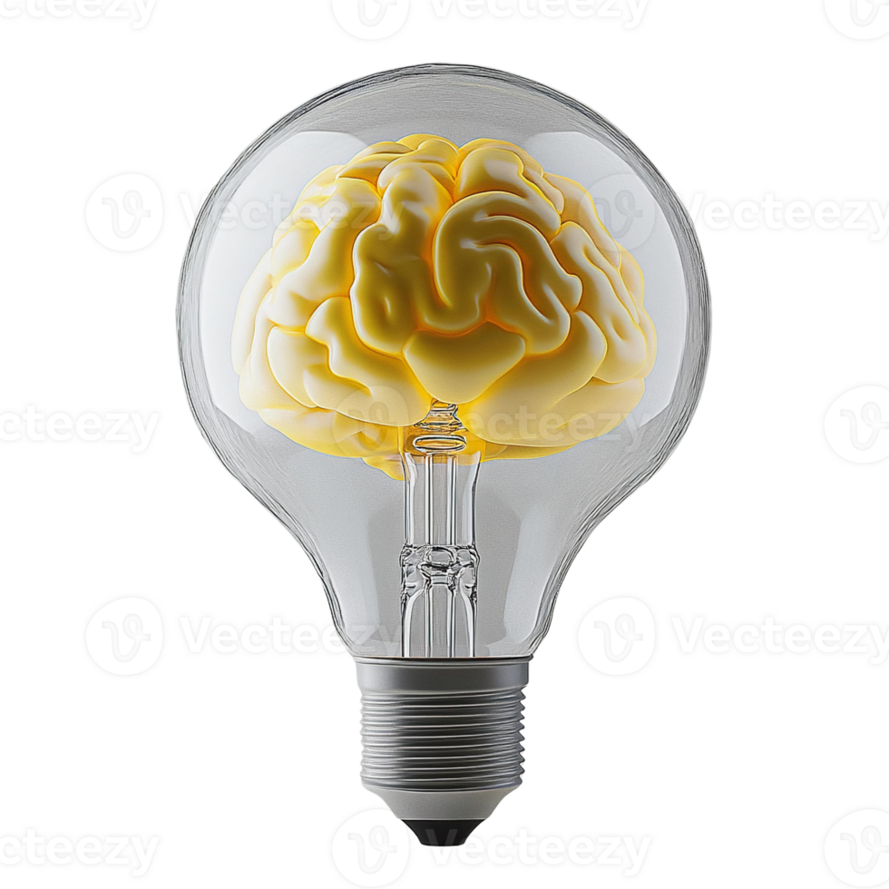 3D Render of Yellow Brain Inside Light Bulb png