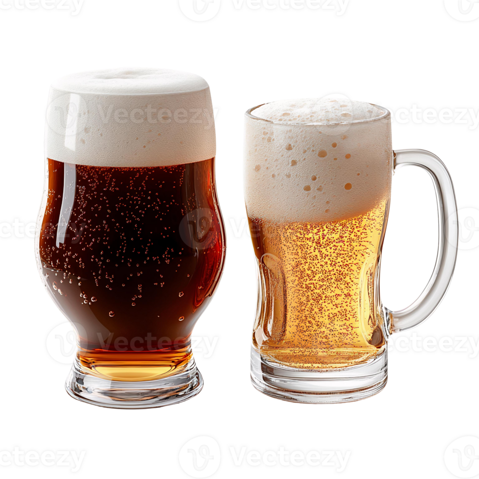 Dark and light beer glasses with foam on Transparent Background png
