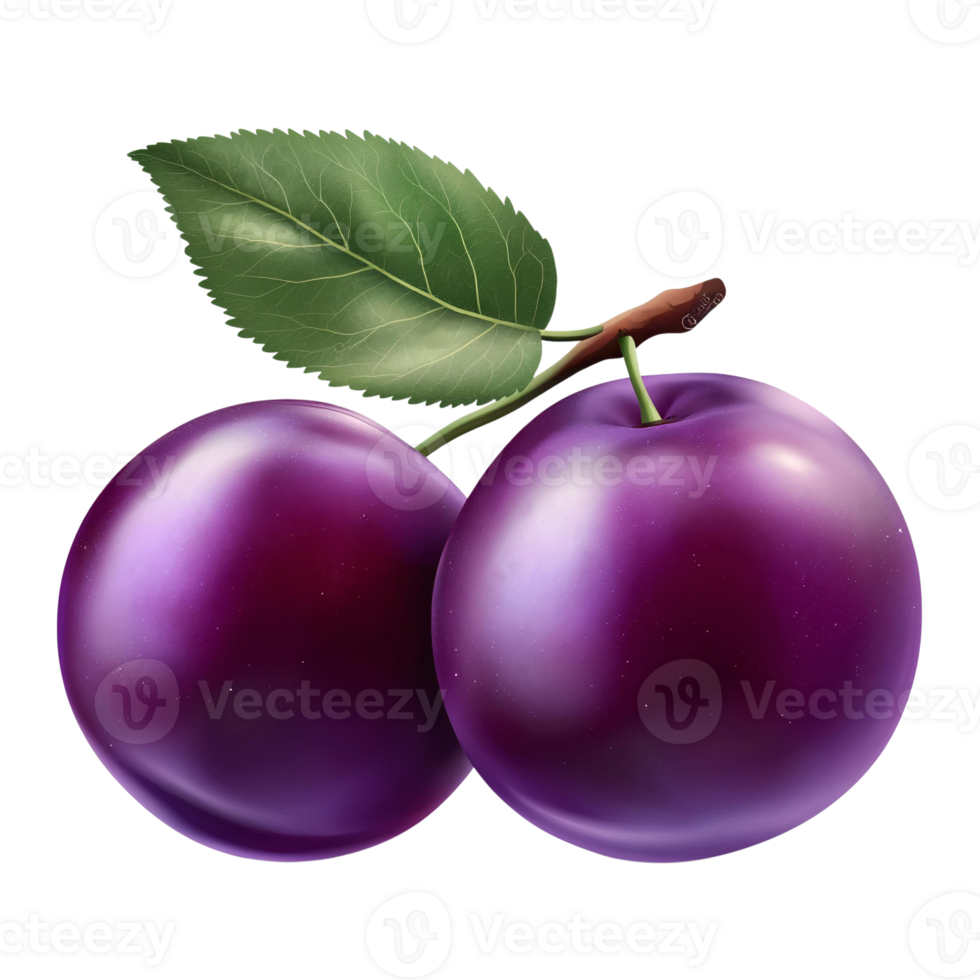 Plums illustration, two purple plums with leaf on transparent background png