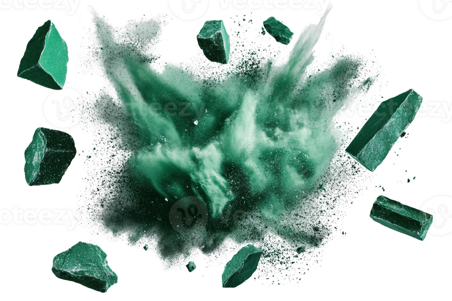 Emerald green powder explosion with stones on Transparent Background png