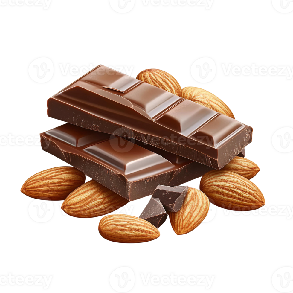 Dark chocolate bar with almonds on transparent background png