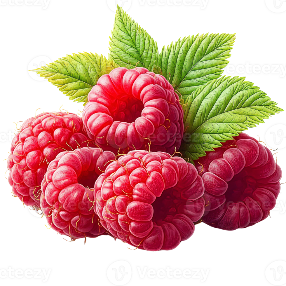 Raspberries with green leaves on transparent background png