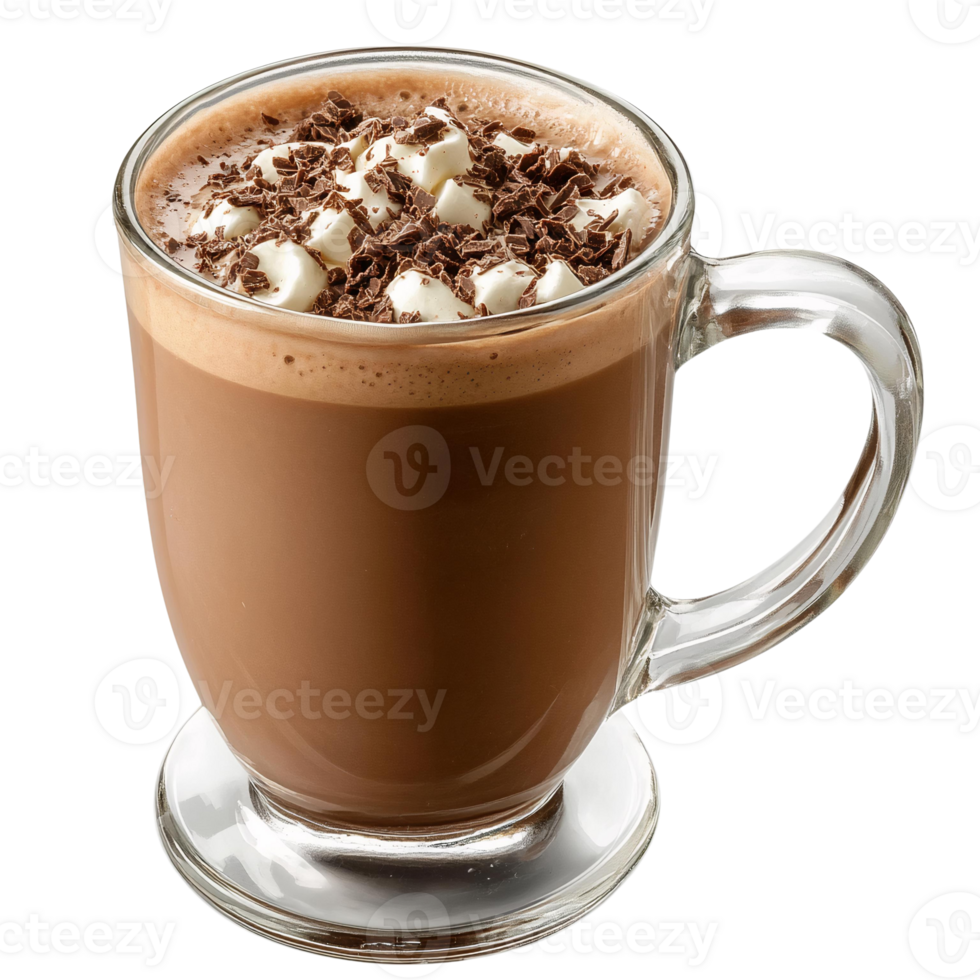Hot chocolate with marshmallows and chocolate shavings in glass mug on transparent background png