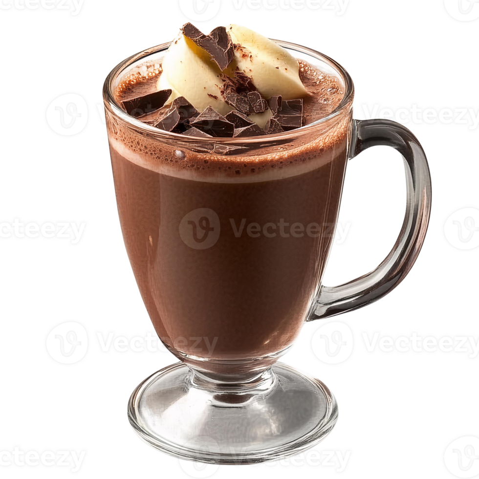 Chocolate hot drink with whipped cream and chocolate shavings in glass mug on transparent background png