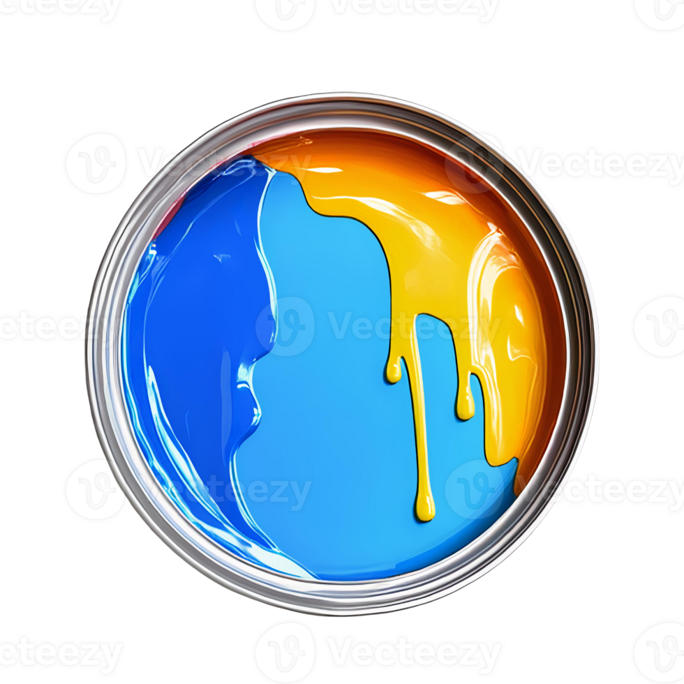 Blue and yellow paint in metal can top view png