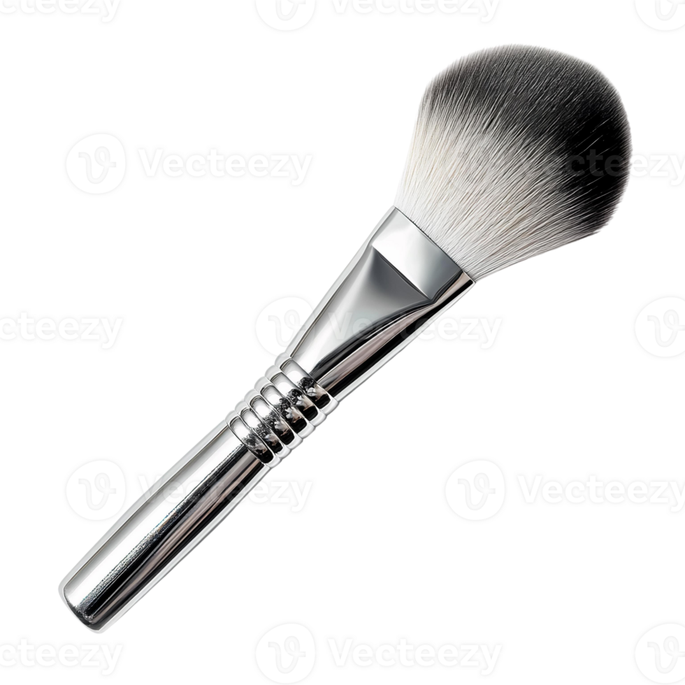 Silver makeup brush with fluffy white bristles on white background png