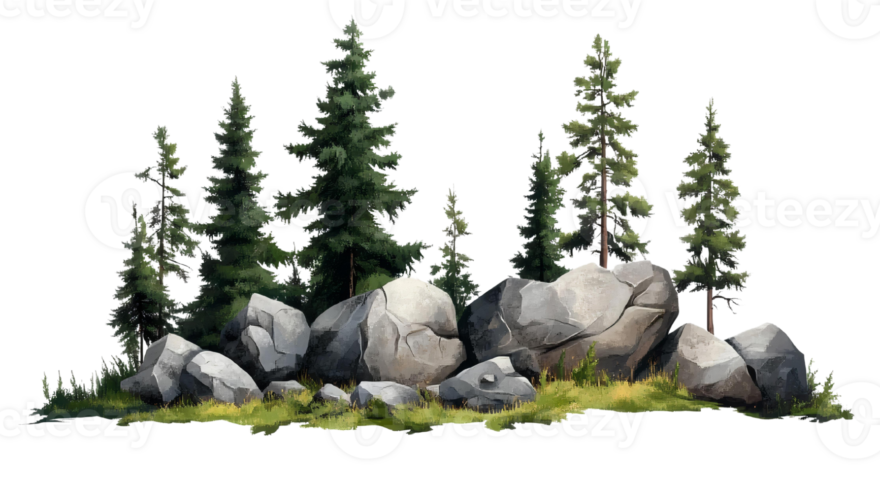 Rocks and pine trees cluster on transparent background png
