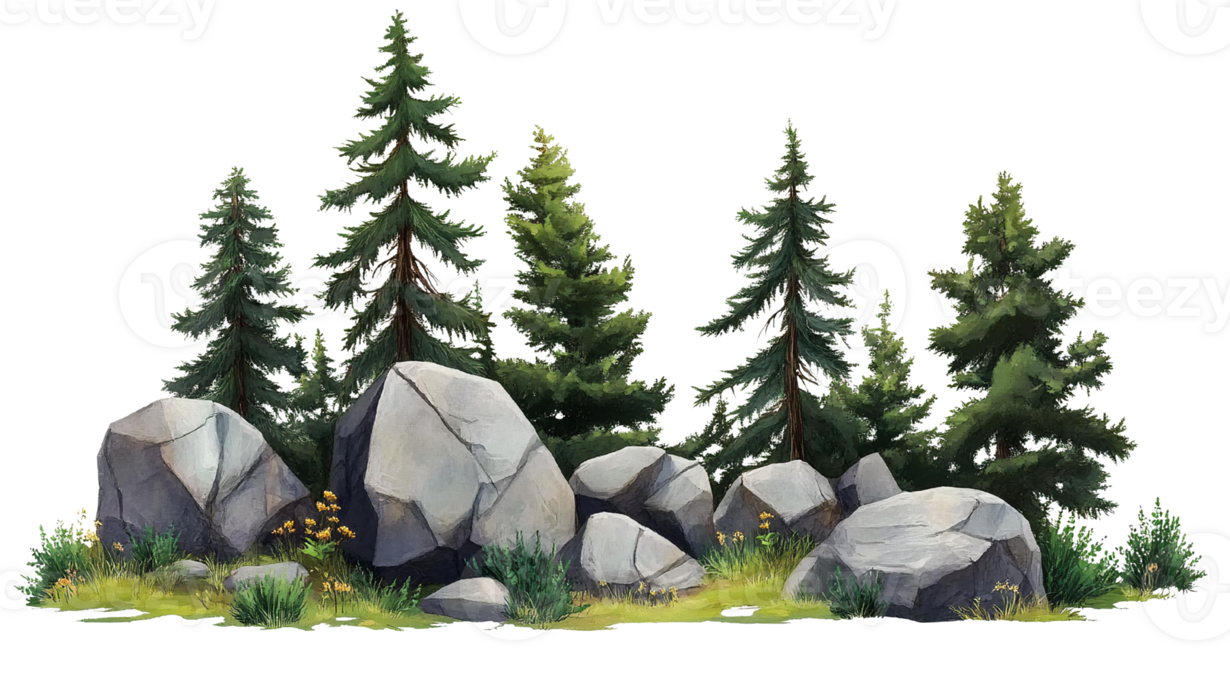 Grey rocks and green pine trees forest illustration on transparent background png