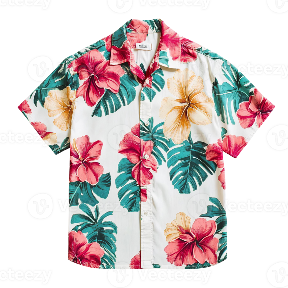Tropical hibiscus flowers shirt, short sleeve button down, transparent background png