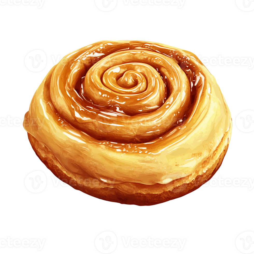 Sweet cinnamon roll pastry with caramel glaze on transparent background png