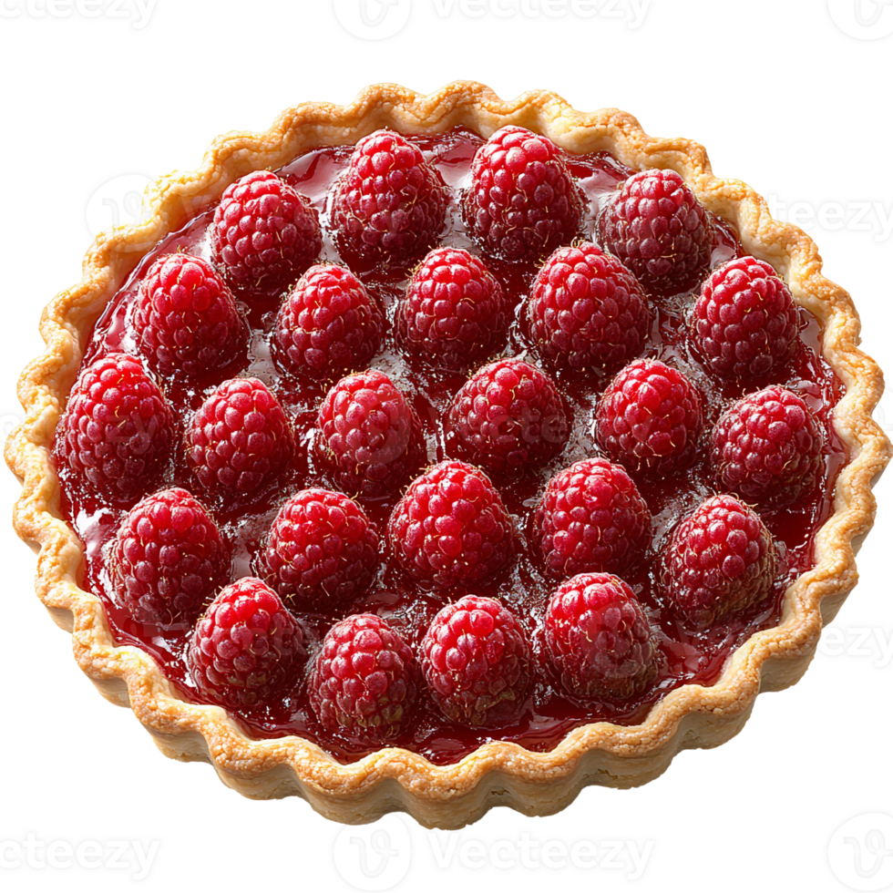 Raspberry tart with glazed berries on transparent background png