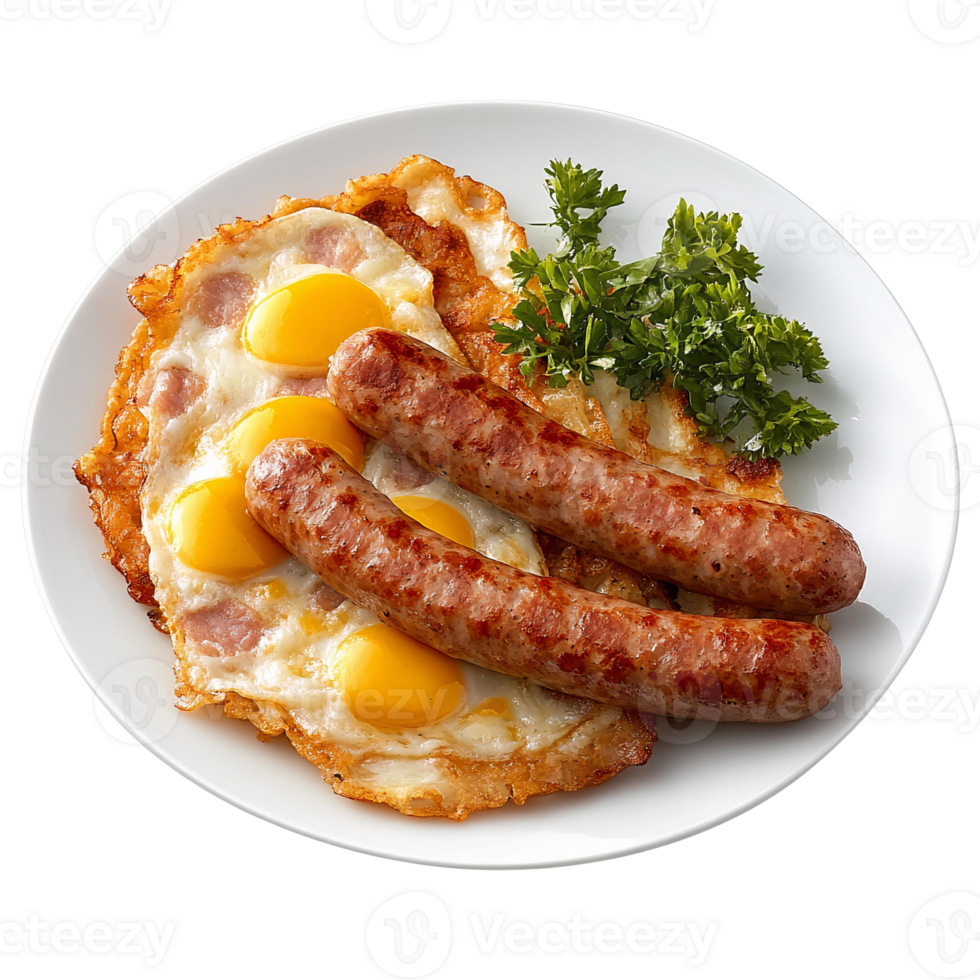 Fried eggs with sausages and parsley on a white plate png