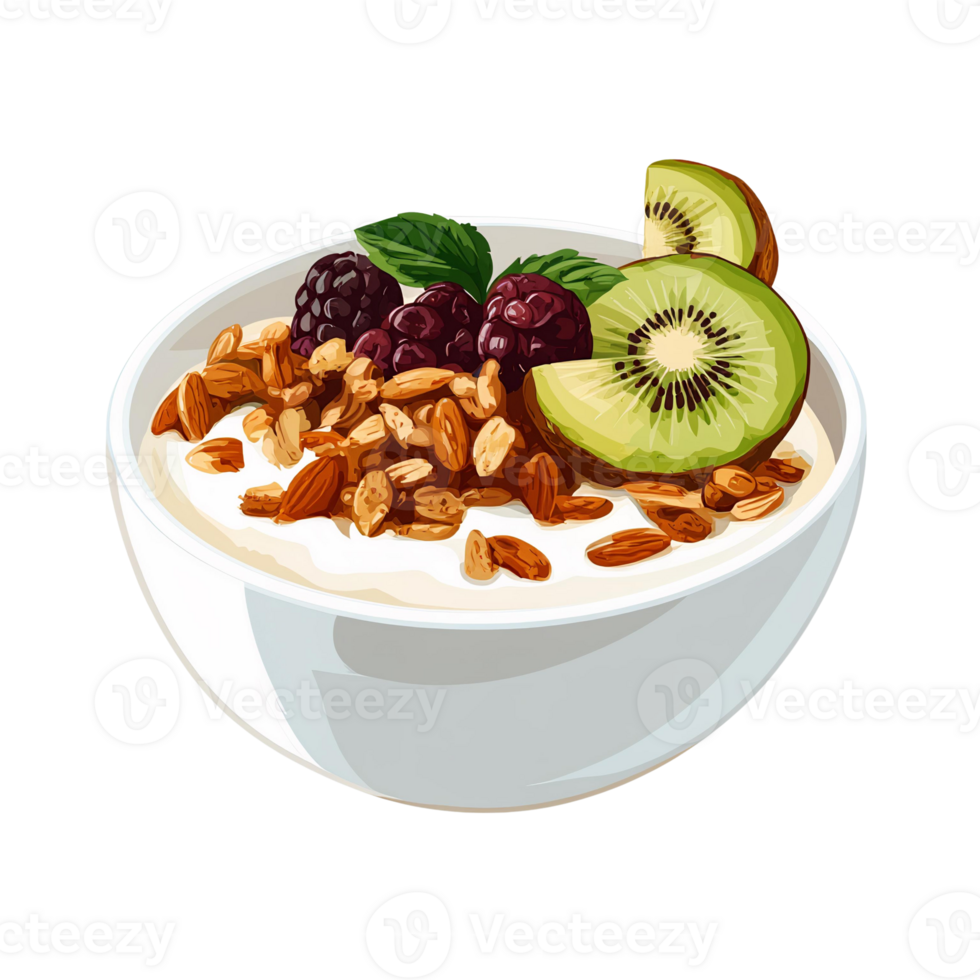 Yogurt parfait with granola, kiwi, and blackberries in bowl png