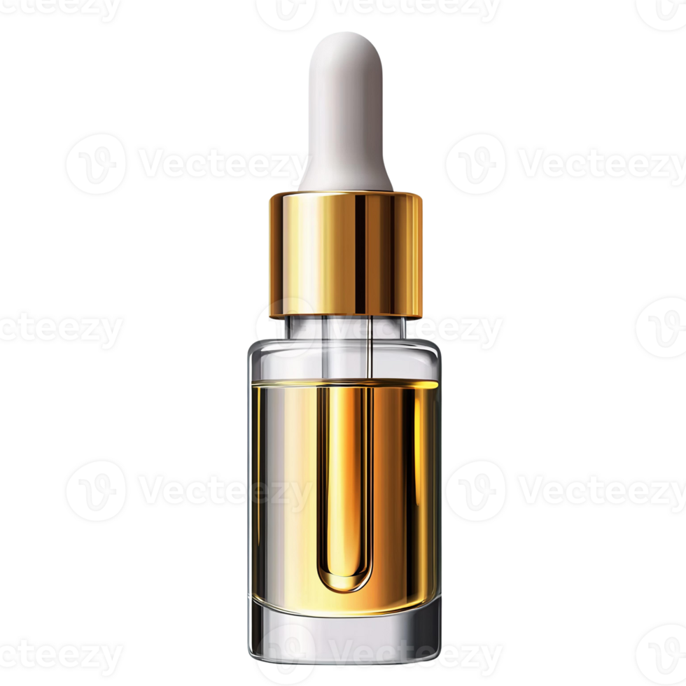 Gold dropper bottle with amber liquid on transparent background png