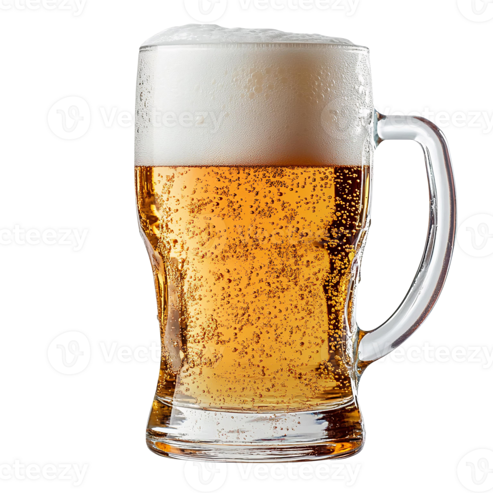 Golden beer mug with frothy head on transparent background png