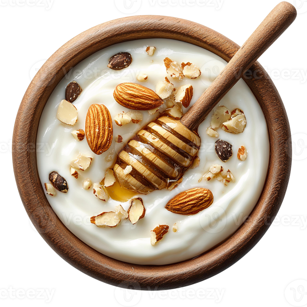 Yogurt with almonds honey and nuts in wooden bowl png