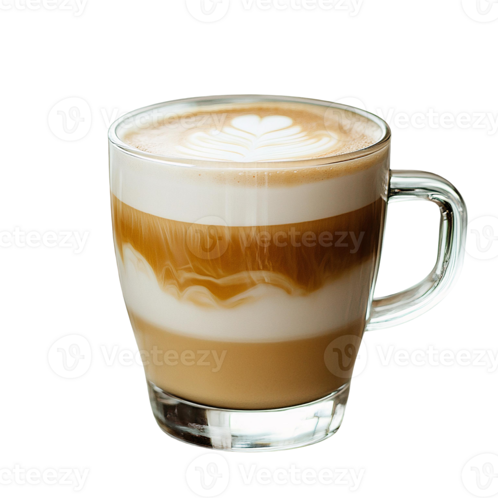 Latte art coffee in glass mug on transparent background png