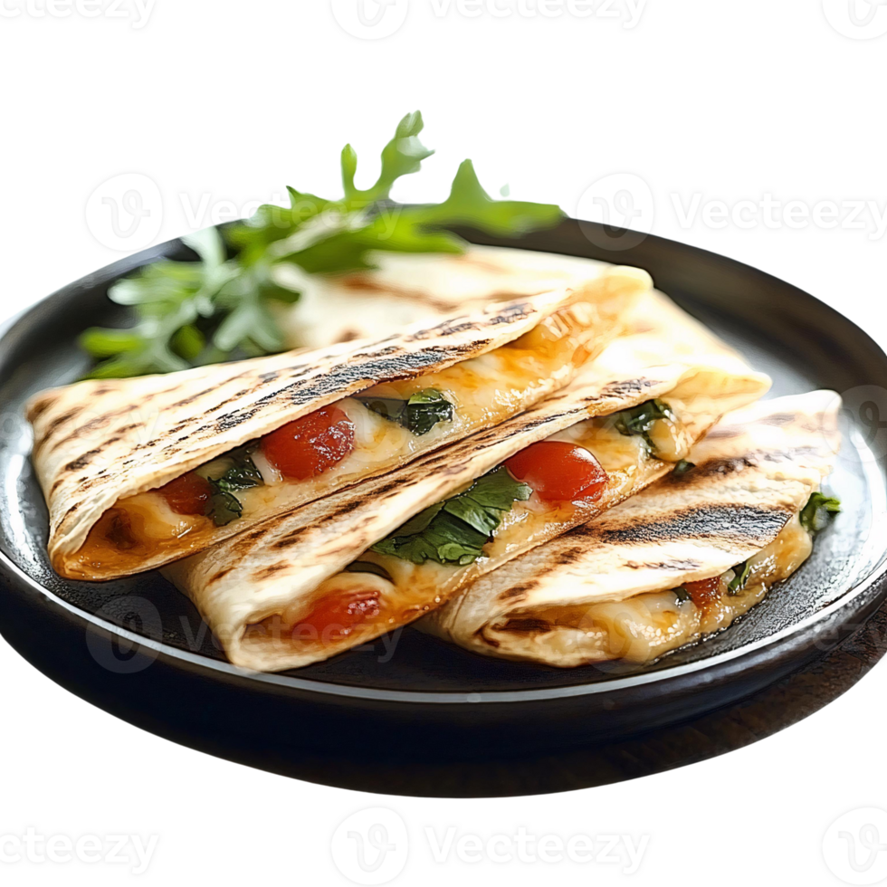 Grilled quesadillas with melted cheese and tomato on black plate png