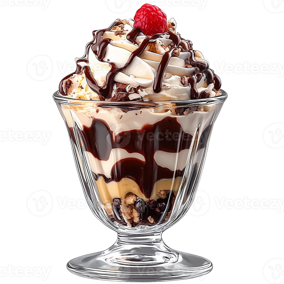 Chocolate raspberry dessert sundae in glass, isolated on transparent background png