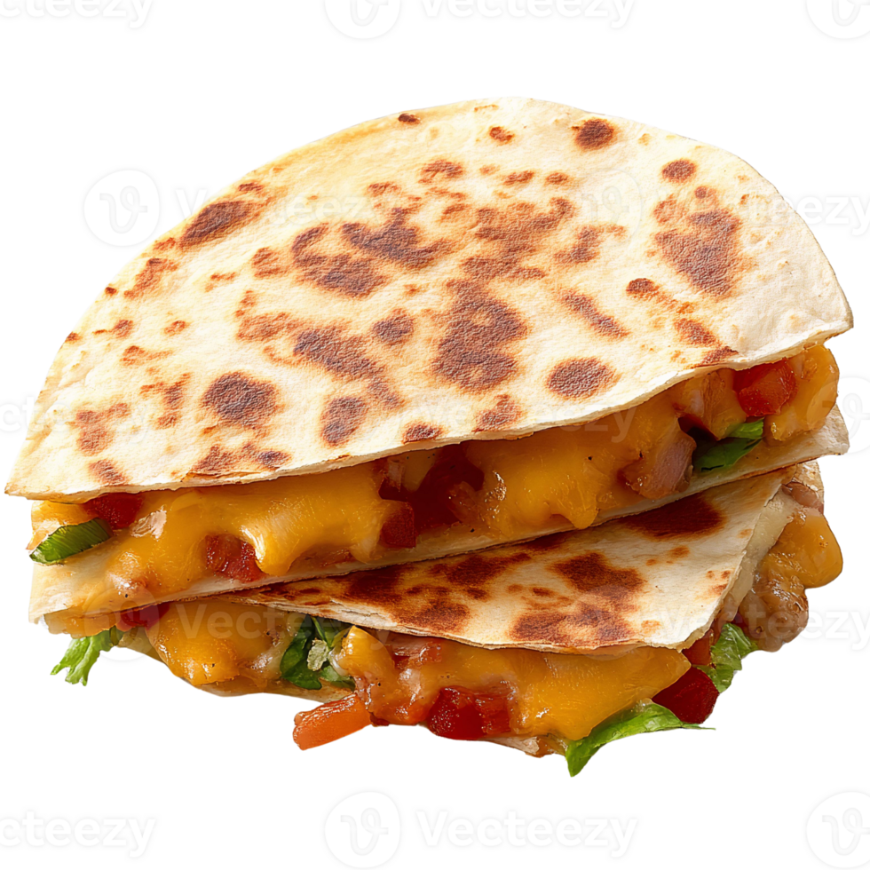 Cheesy quesadillas with melted cheese and vegetables on transparent background png