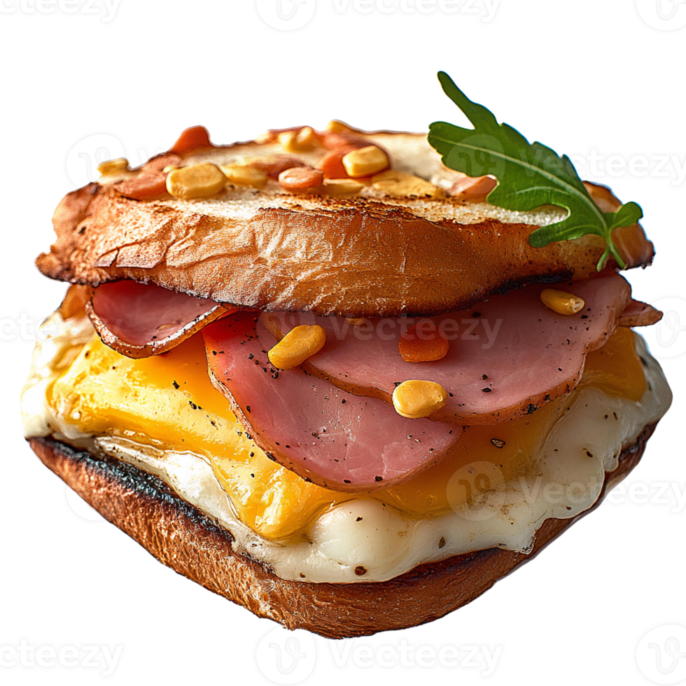 Ham and egg sandwich with melted cheese on toasted bread, isolated png