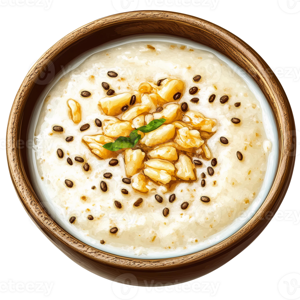 Creamy oatmeal with toasted nuts and seeds in wooden bowl png