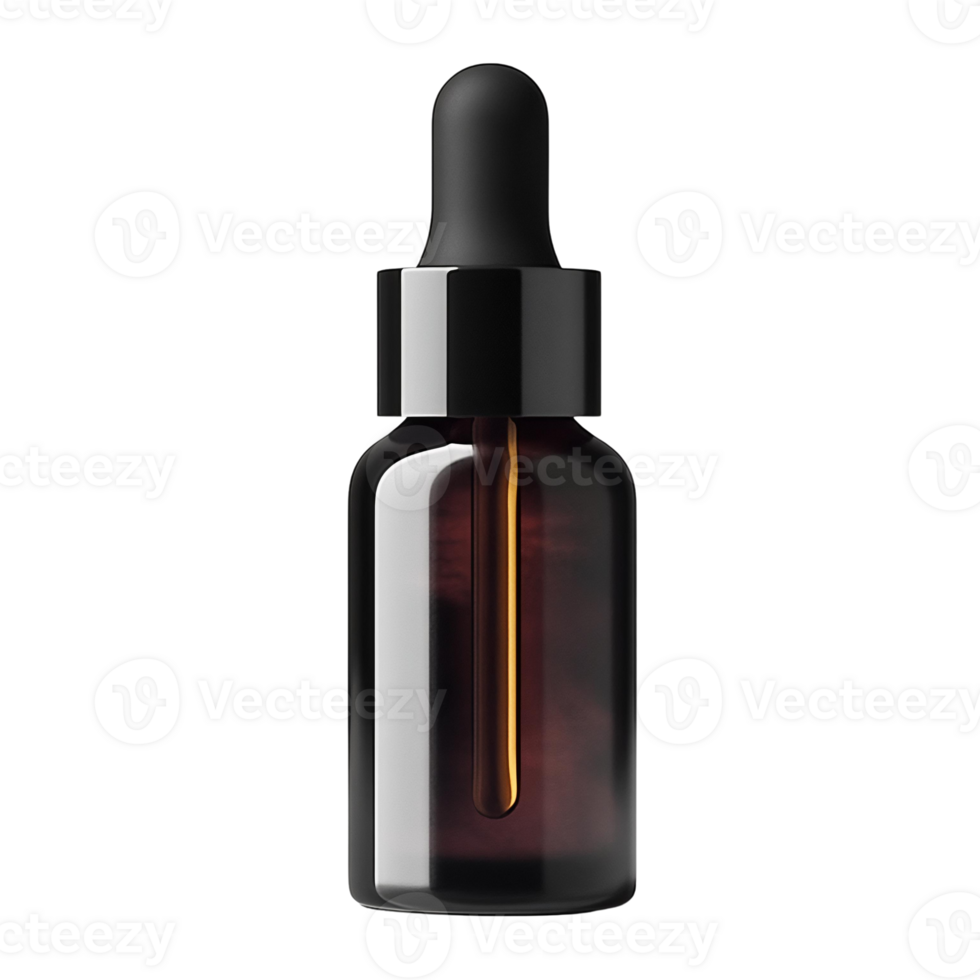 Amber glass dropper bottle with black lid on transparent background png