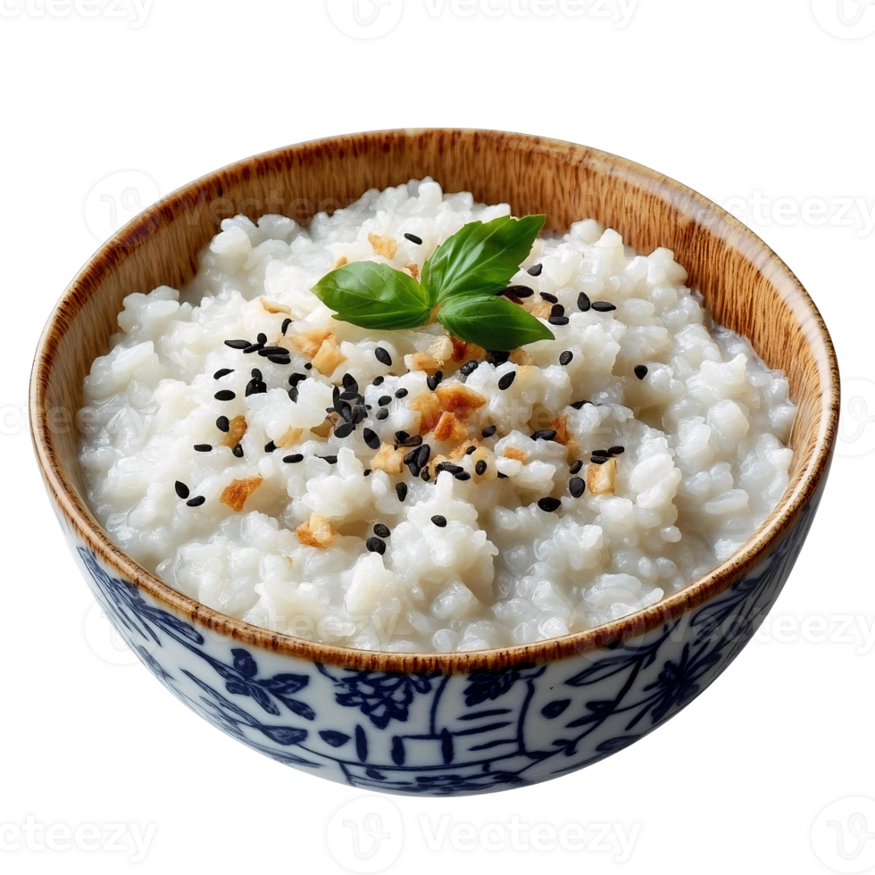 Rice porridge in bowl with sesame seeds and basil png