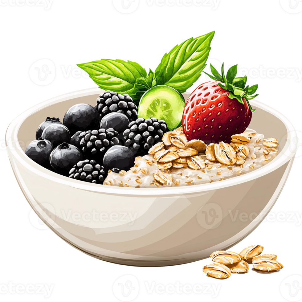 Oatmeal with berries and fruits in bowl digital illustration png