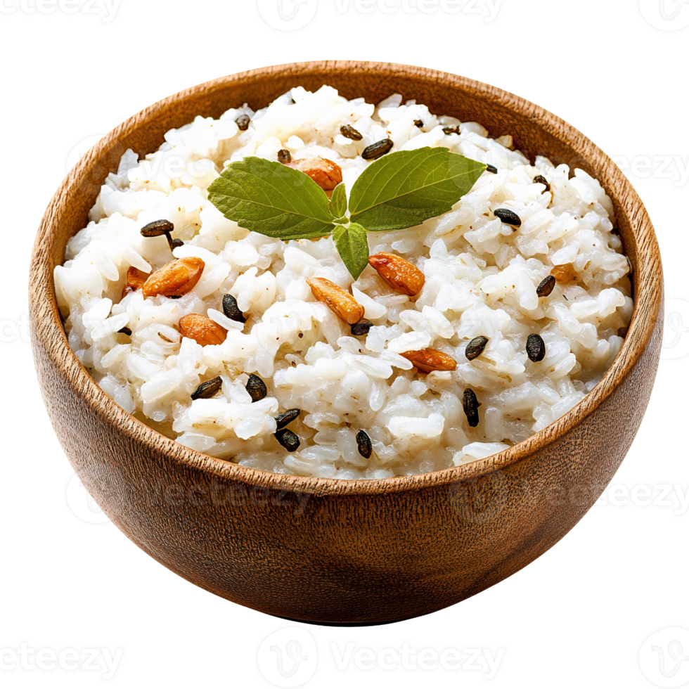 Delicious rice bowl with seeds and basil on transparent background png