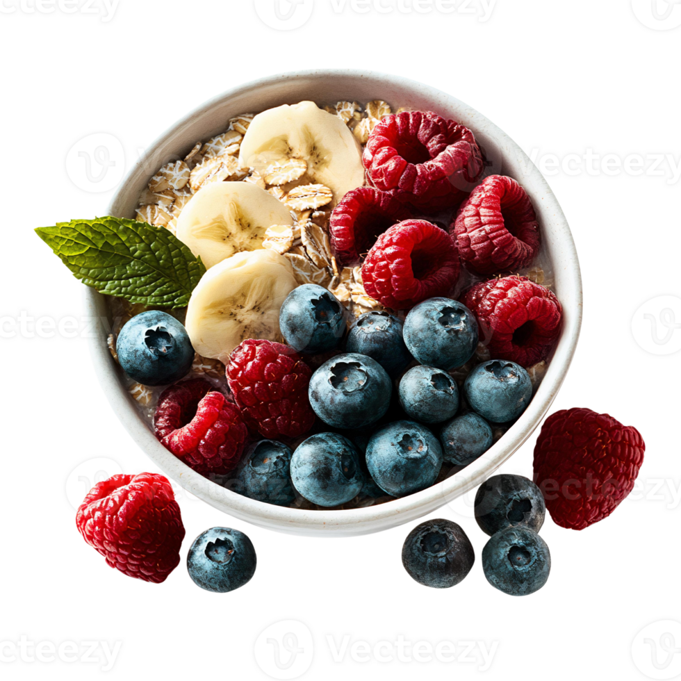 Oatmeal with berries and banana in bowl on transparent background png