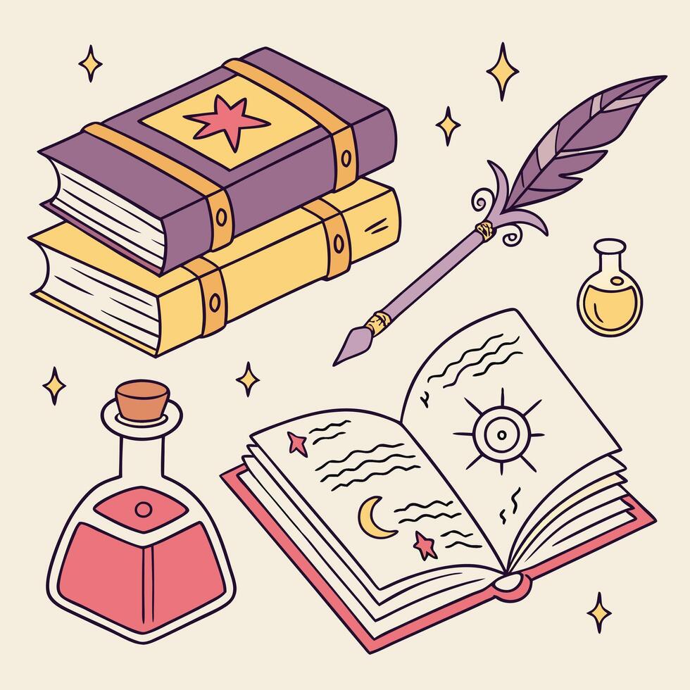 Collection of Various Book Illustrations - Open, Closed, Stacked, and More vector